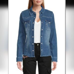 True Religion Western Denim Pearl Snap Button  Shirt Medium Blue Wash Size L New